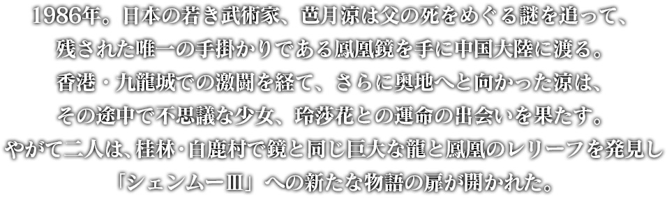 1986年。日本の若き武術家、芭月涼は父の死をめぐる謎を追って、残された唯一の手掛かりである鳳凰鏡を手に中国大陸に渡る。香港・九龍城での激闘を経て、さらに奥地へと向かった涼は、その途中で不思議な少女、玲莎花との運命の出会いを果たす。やがて二人は、桂林・白鹿村で鏡と同じ巨大な龍と鳳凰のレリーフを発見し「シェンムーⅢ」への新たな物語の扉が開かれた。